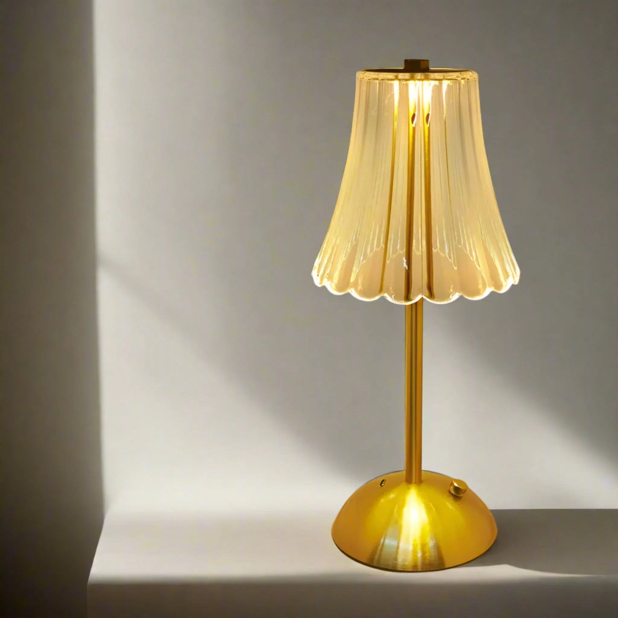 LED Table Lamp with Fluted Glass Shade – Rechargeable Design