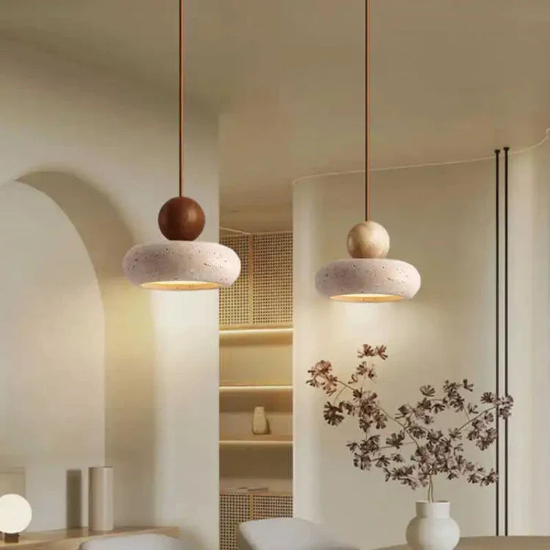 Vintage Minimalist Pendant Light with Natural Stone and Wood Design