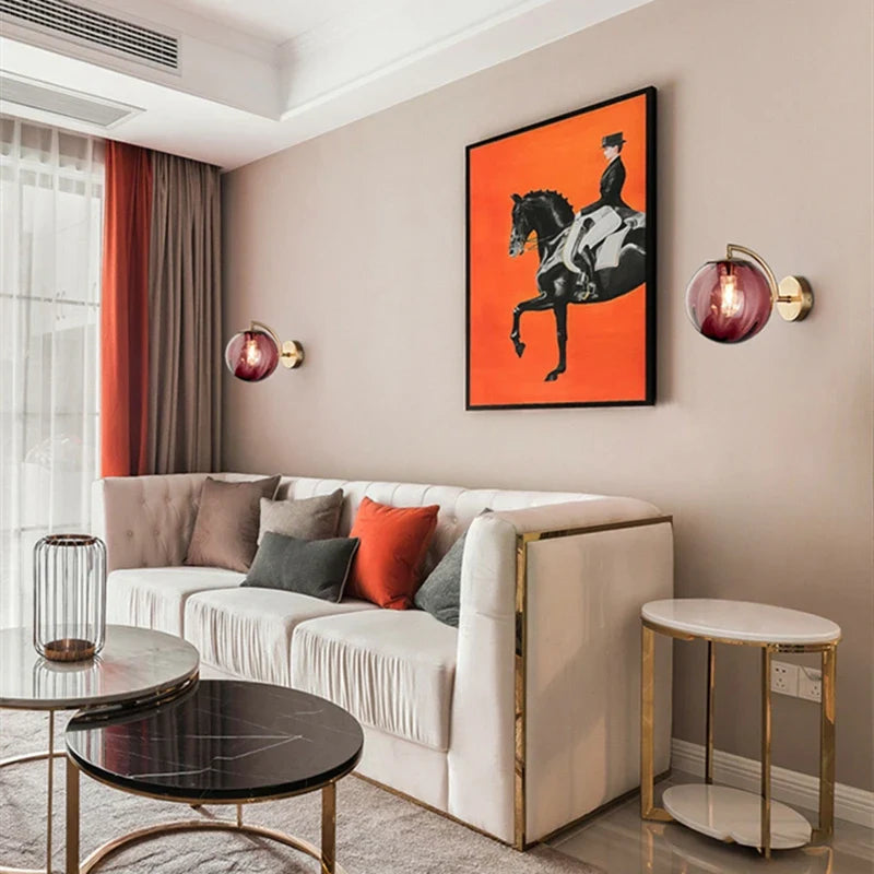 Contemporary Wall Light Fixture with Glass Sphere and Brass Accents