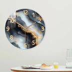 Silent Wooden Wall Clock in Blue and Gold Marble Finish