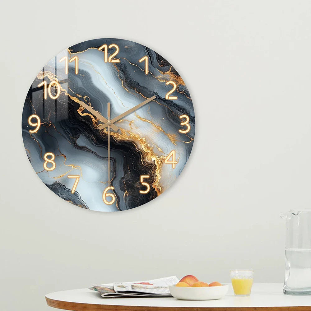 Silent Wooden Wall Clock in Blue and Gold Marble Finish