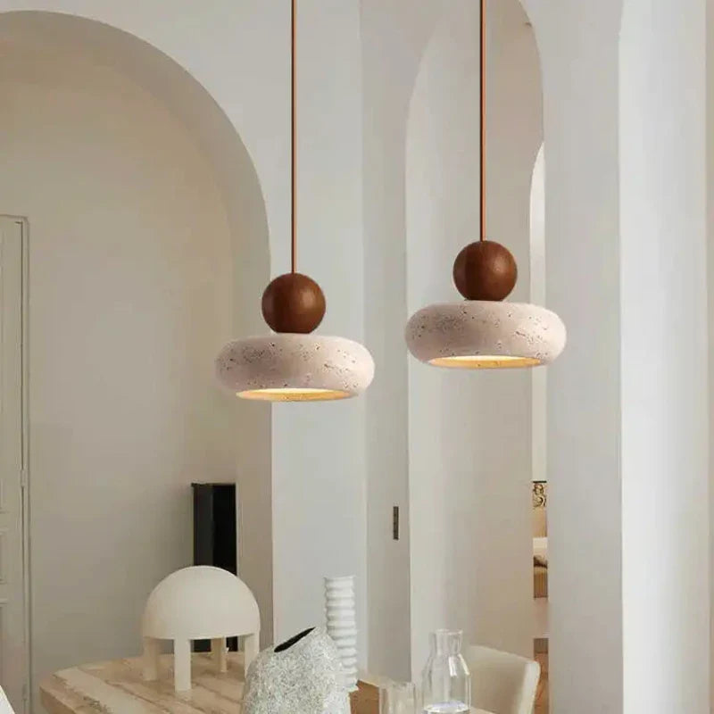 Vintage Minimalist Pendant Light with Natural Stone and Wood Design