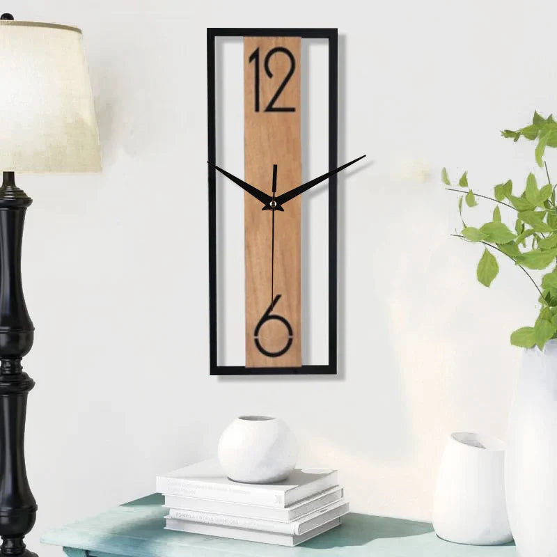 Sleek Rectangular Wall Clock with Wooden Grain Frame