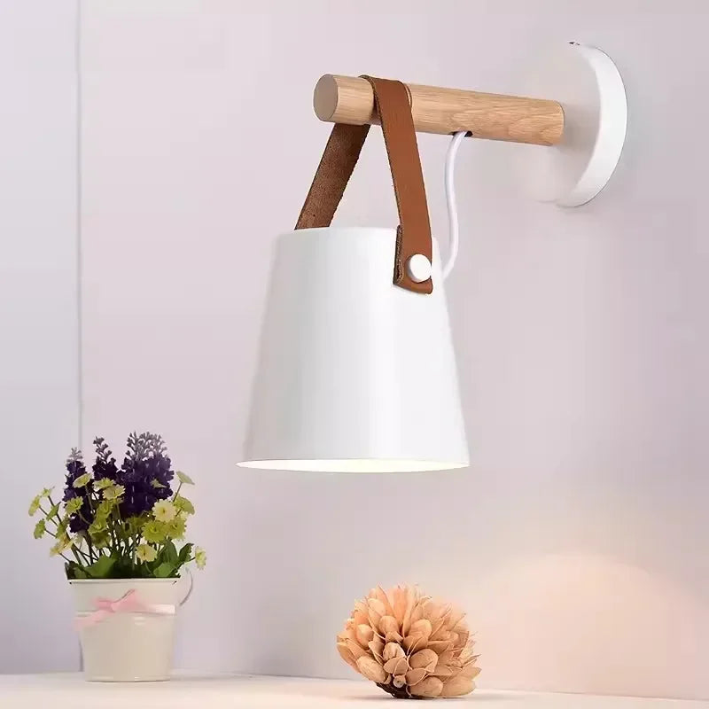 Hanging Bedside Light Fixture in Wood and Leather Design