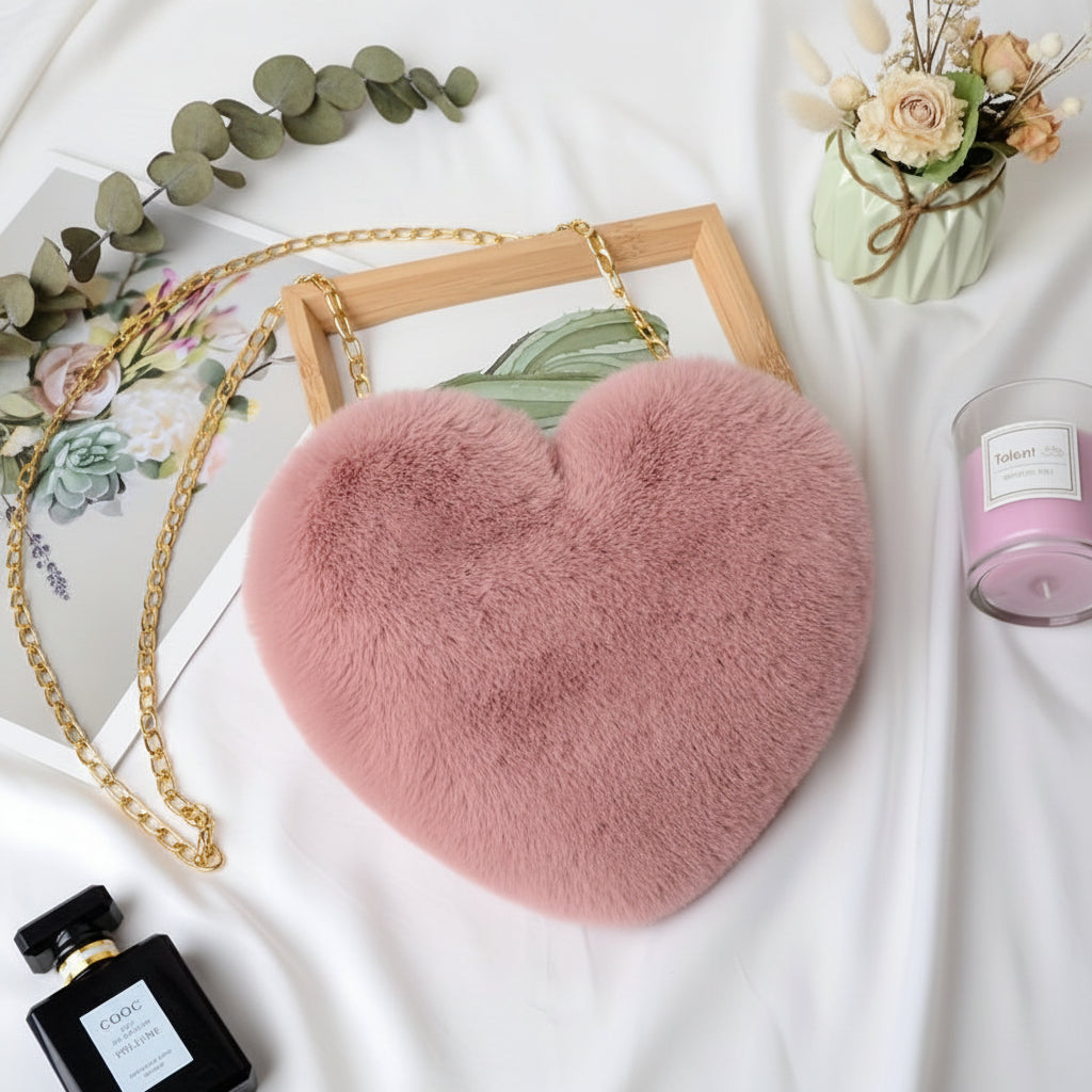 Faux Fur Heart Shaped Crossbody Bag with Chain Strap