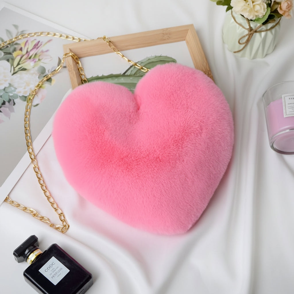 Faux Fur Heart Shaped Crossbody Bag with Chain Strap