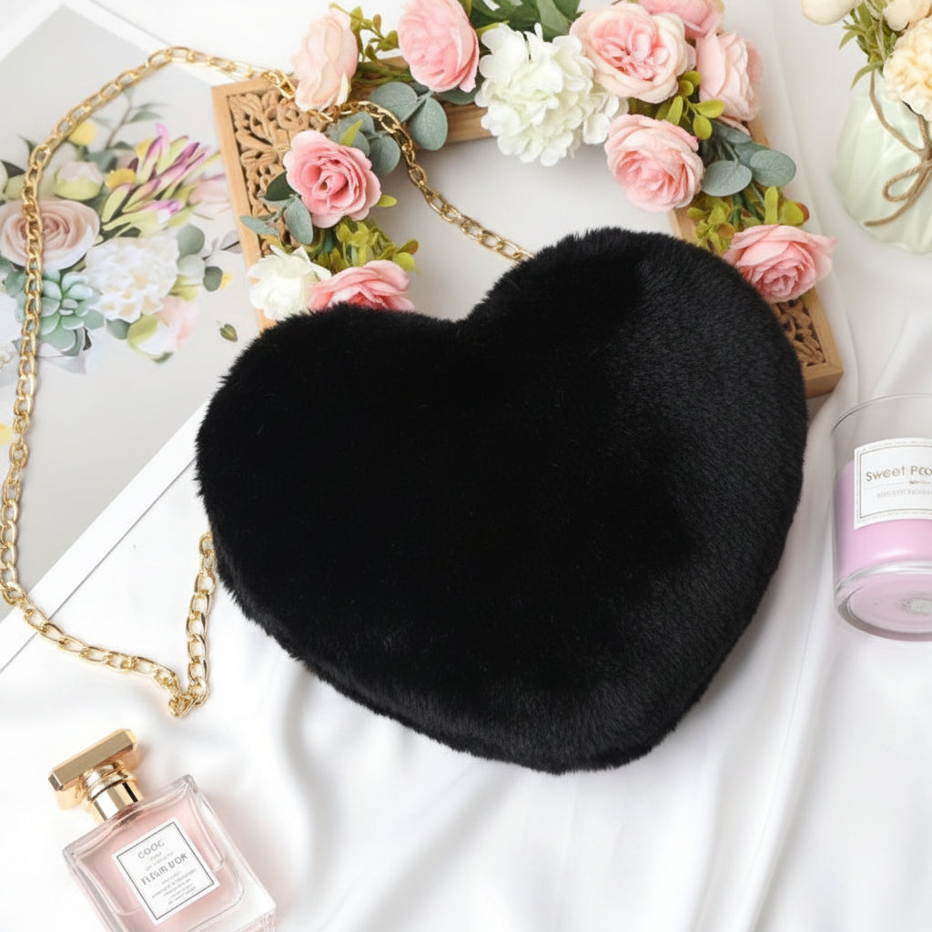 Faux Fur Heart Shaped Crossbody Bag with Chain Strap