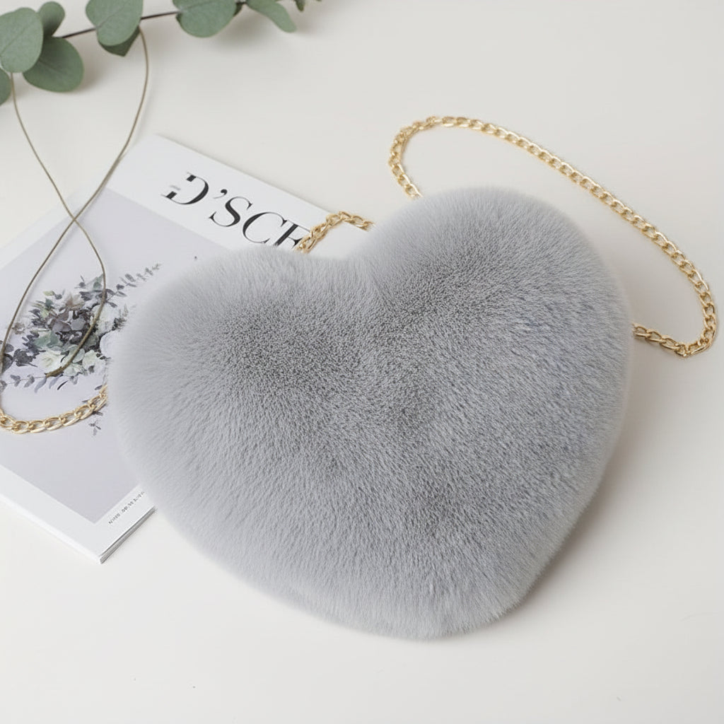 Faux Fur Heart Shaped Crossbody Bag with Chain Strap