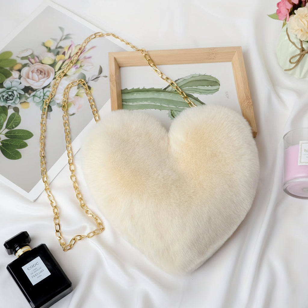 Faux Fur Heart Shaped Crossbody Bag with Chain Strap