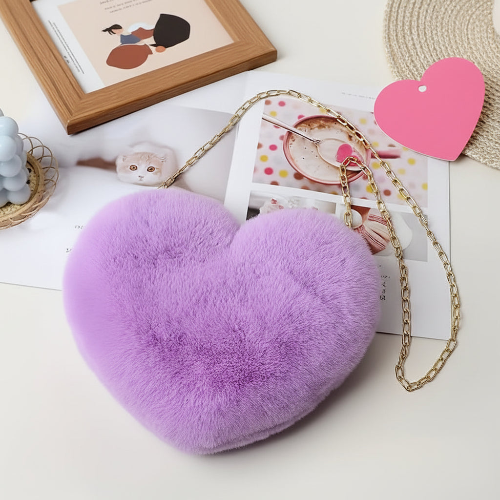 Faux Fur Heart Shaped Crossbody Bag with Chain Strap