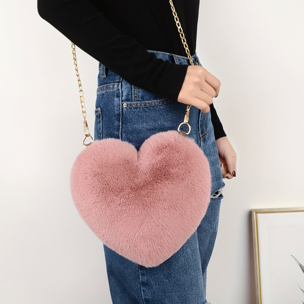 Faux Fur Heart Shaped Crossbody Bag with Chain Strap