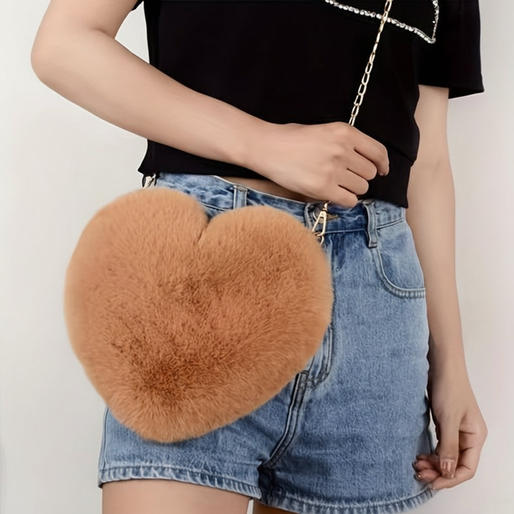 Faux Fur Heart Shaped Crossbody Bag with Chain Strap