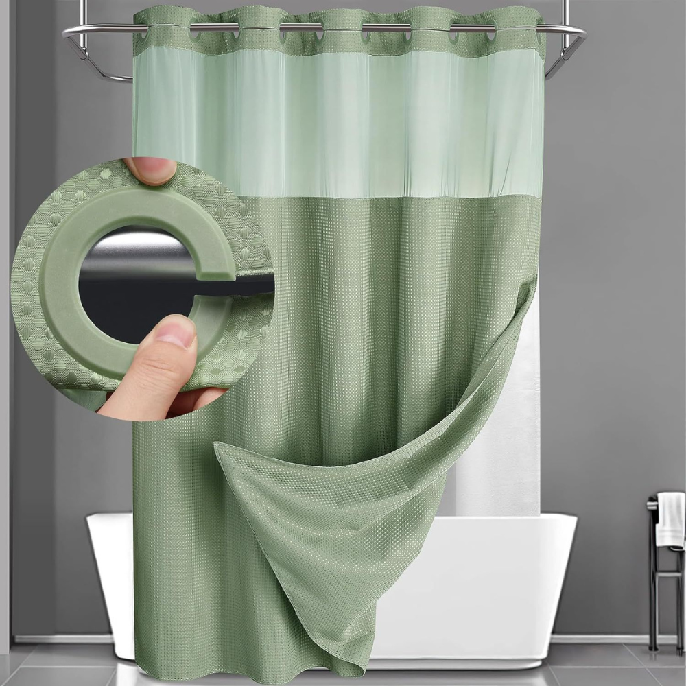 Double Layer Bathroom Set with Geometric Waffle Fabric Shower Curtain