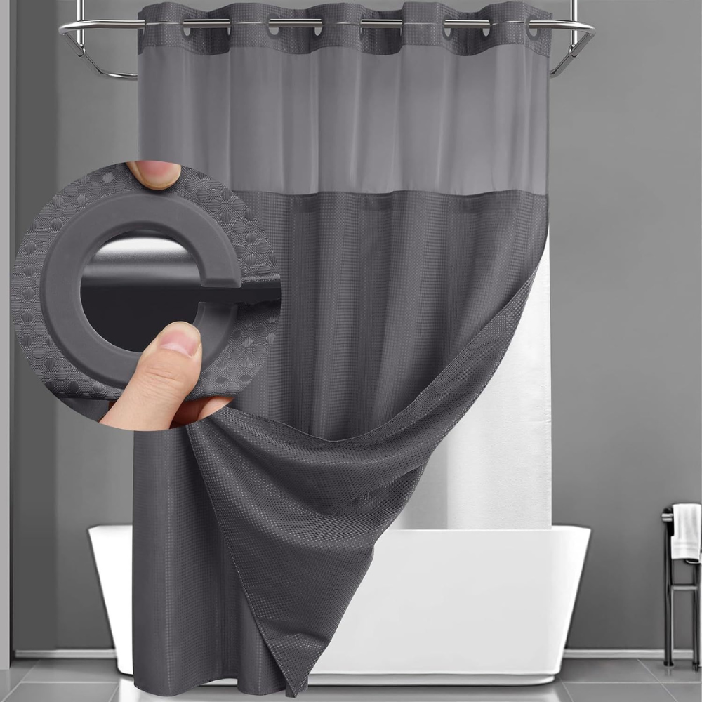 Double Layer Bathroom Set with Geometric Waffle Fabric Shower Curtain