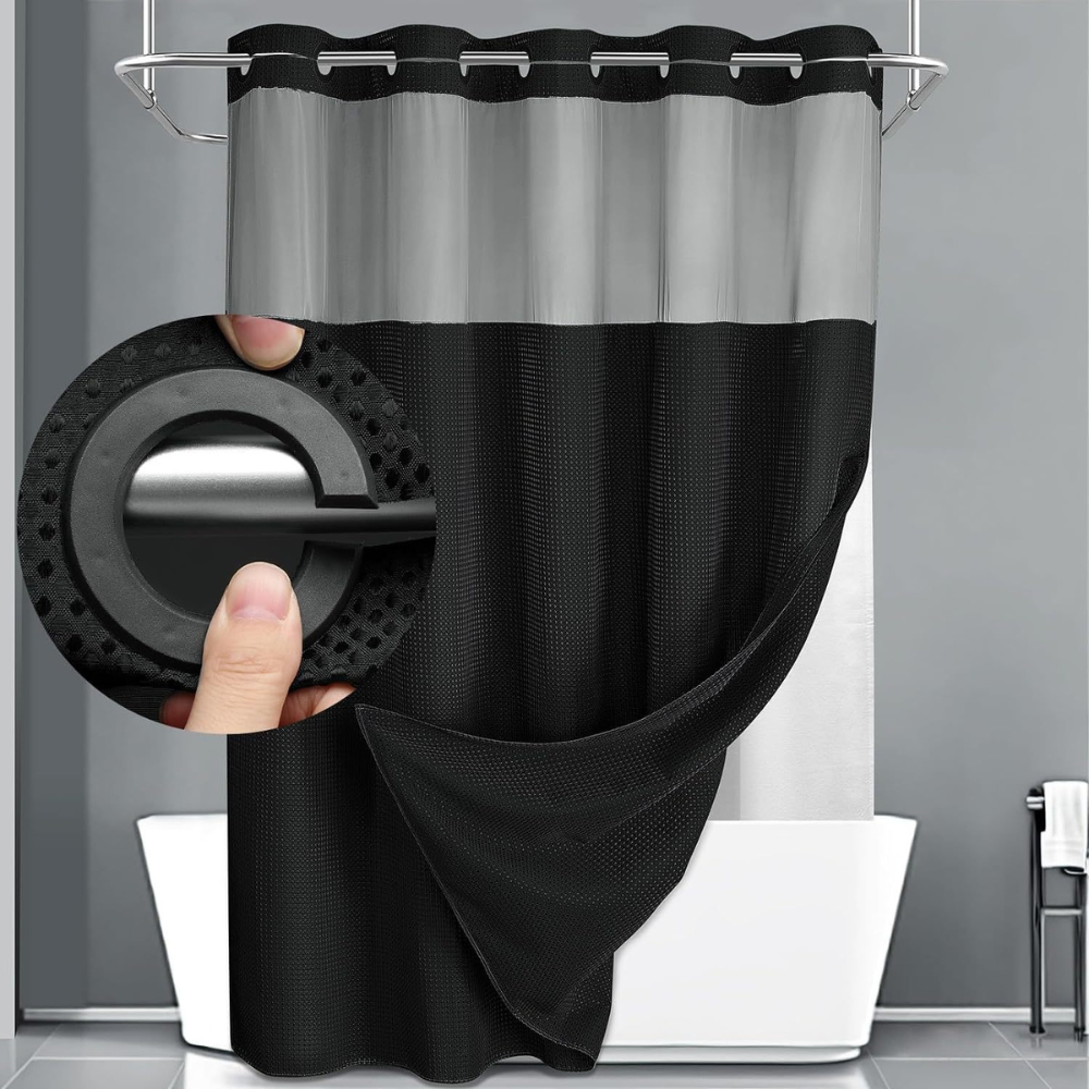 Double Layer Bathroom Set with Geometric Waffle Fabric Shower Curtain