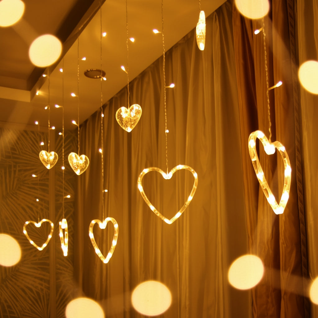Warm LED Heart-Shaped String Lights for Window Decoration