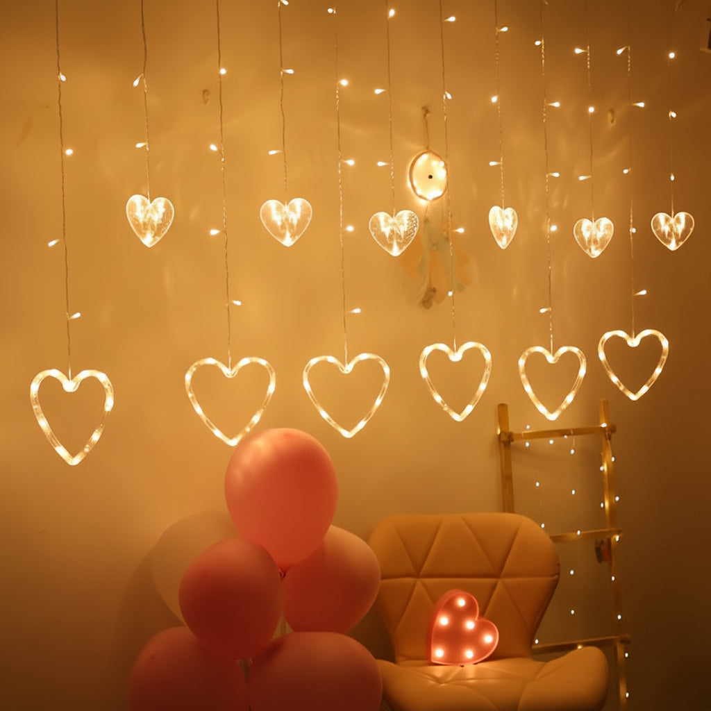 Warm LED Heart-Shaped String Lights for Window Decoration