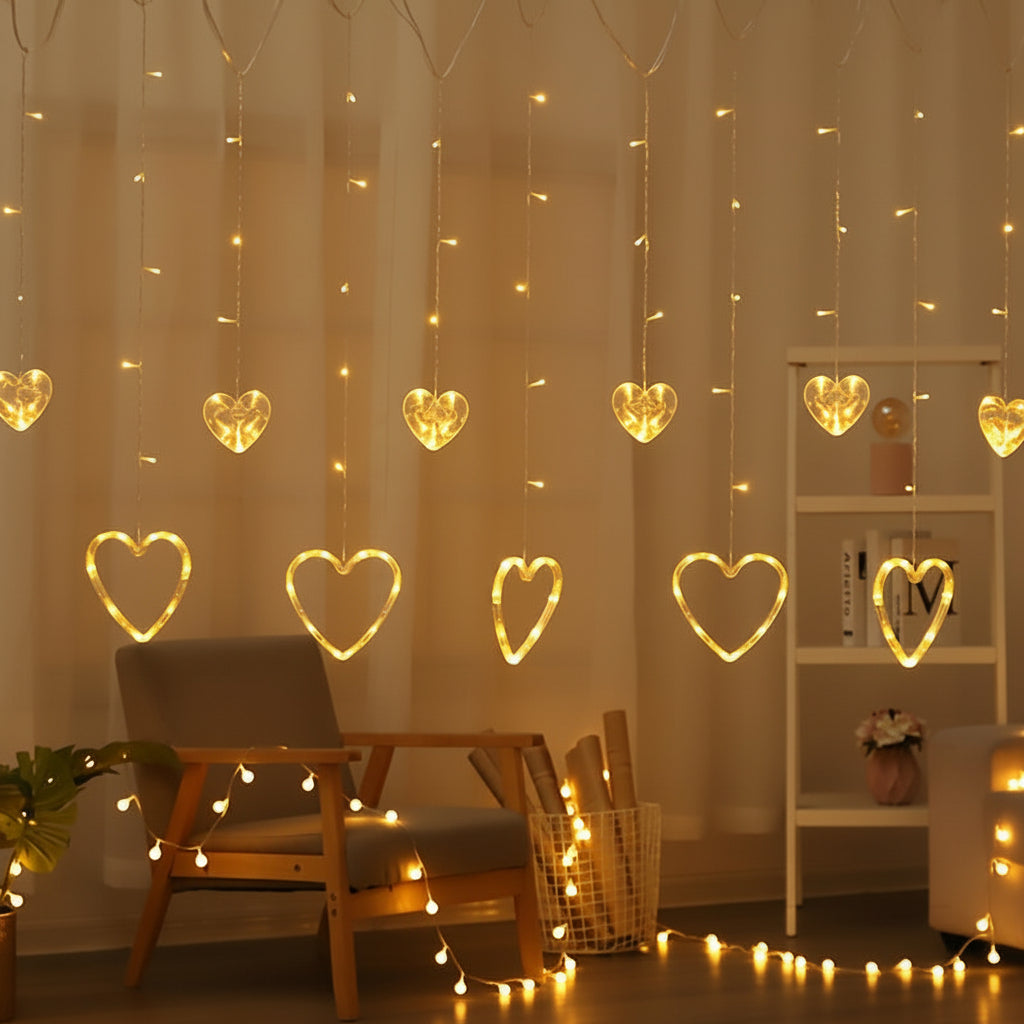 Warm LED Heart-Shaped String Lights for Window Decoration