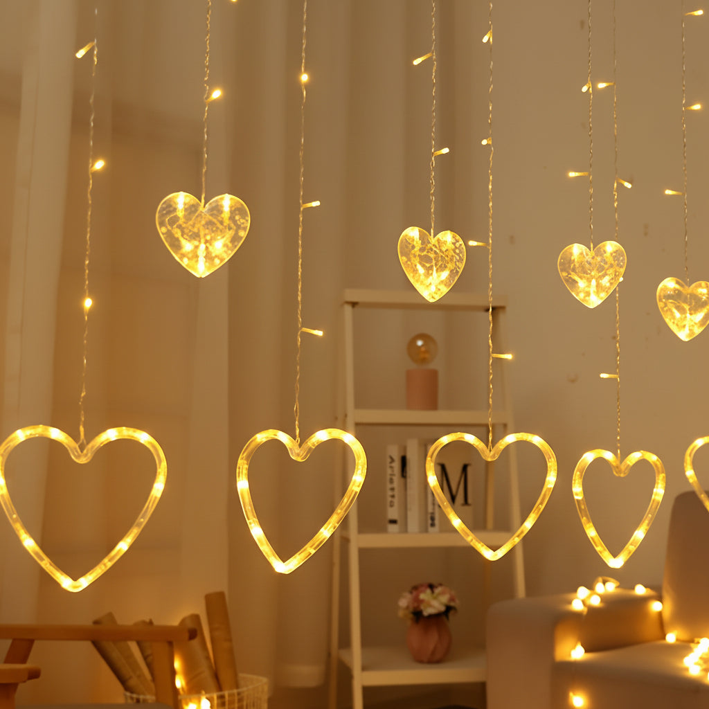 Warm LED Heart-Shaped String Lights for Window Decoration