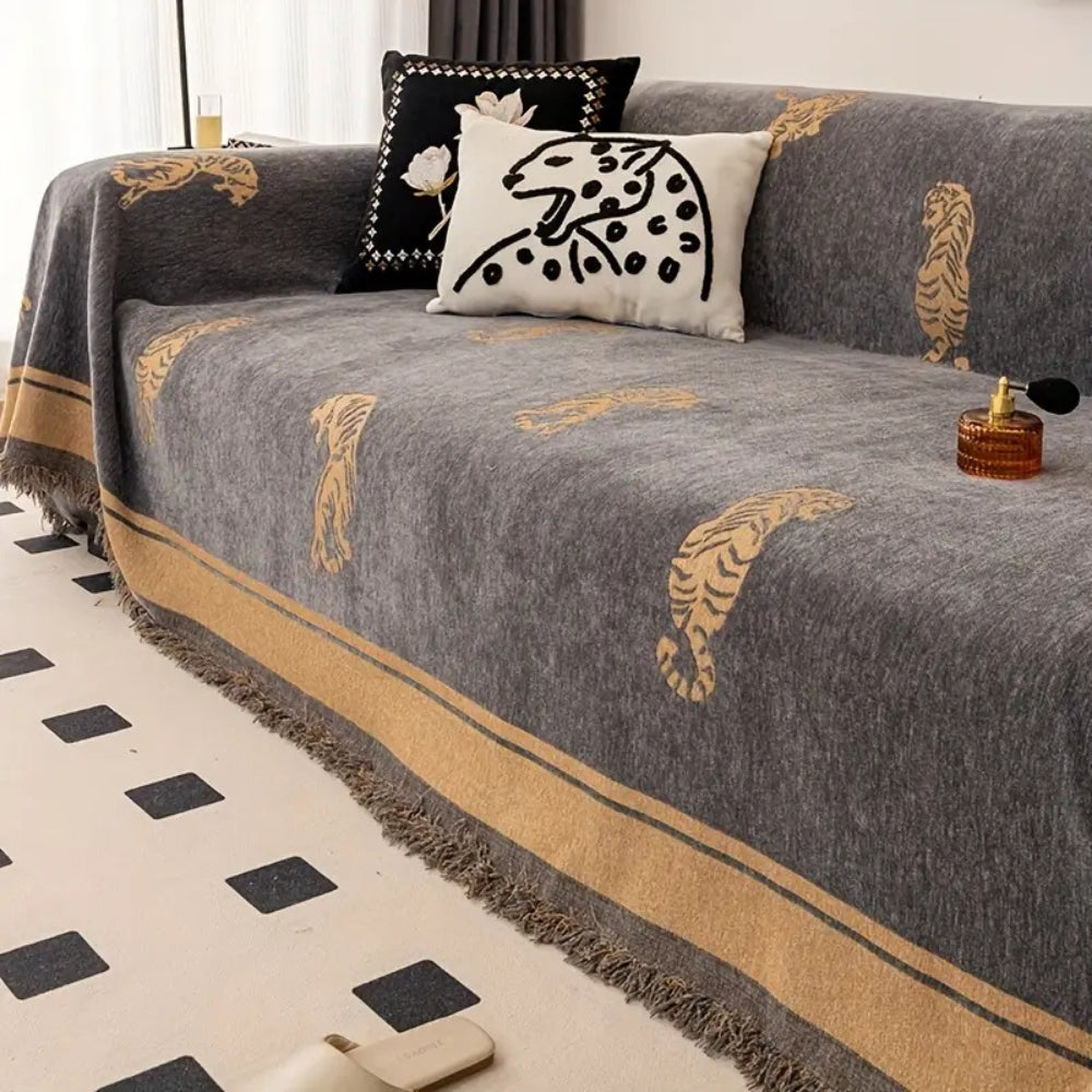 Reversible Chenille Sofa Cover with Tiger Pattern for Sectional and Couch