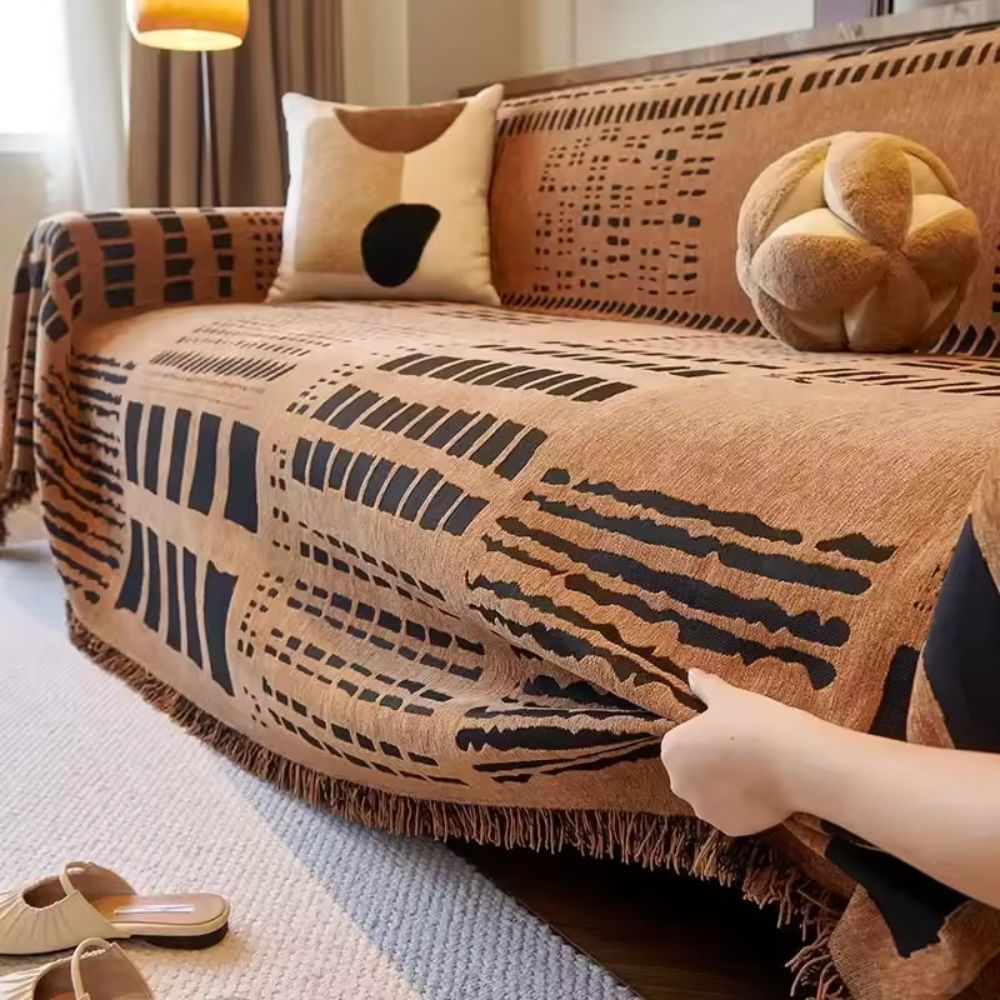Geometric Patterned Sofa Cover - Soft Chenille Fabric