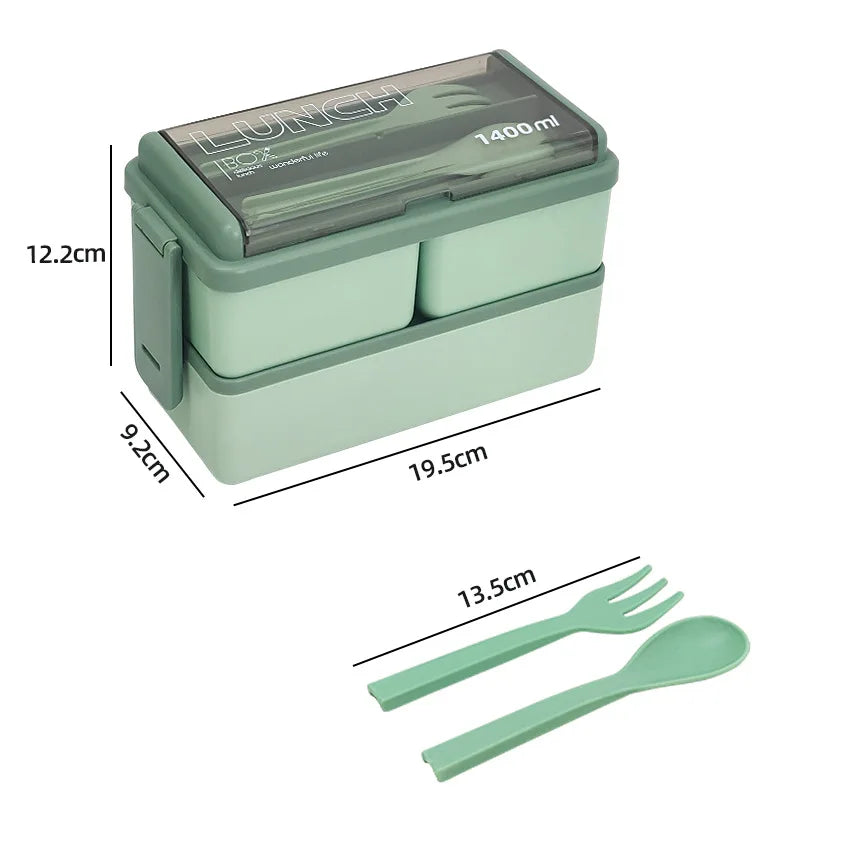 Double Layer Lunch Box 1400ml | Portable Food Container with Cutlery – Microwave Safe for Kids and Adults