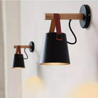 Hanging Bedside Light Fixture in Wood and Leather Design