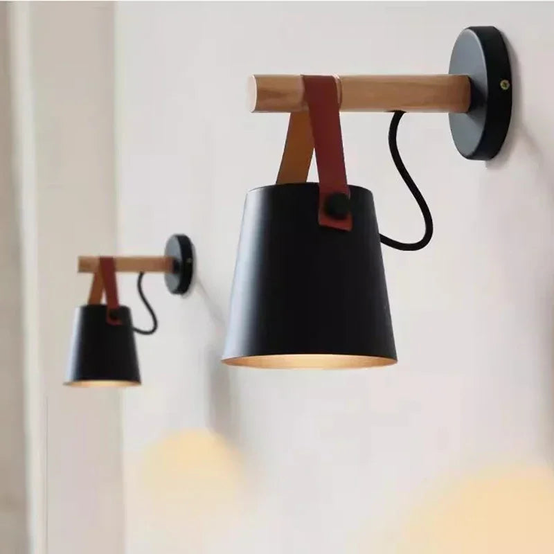 Hanging Bedside Light Fixture in Wood and Leather Design