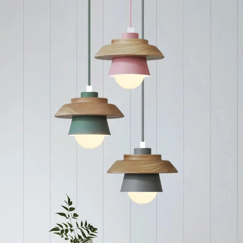 Colorful Macaron Design Pendant Light in Nordic Wood Style