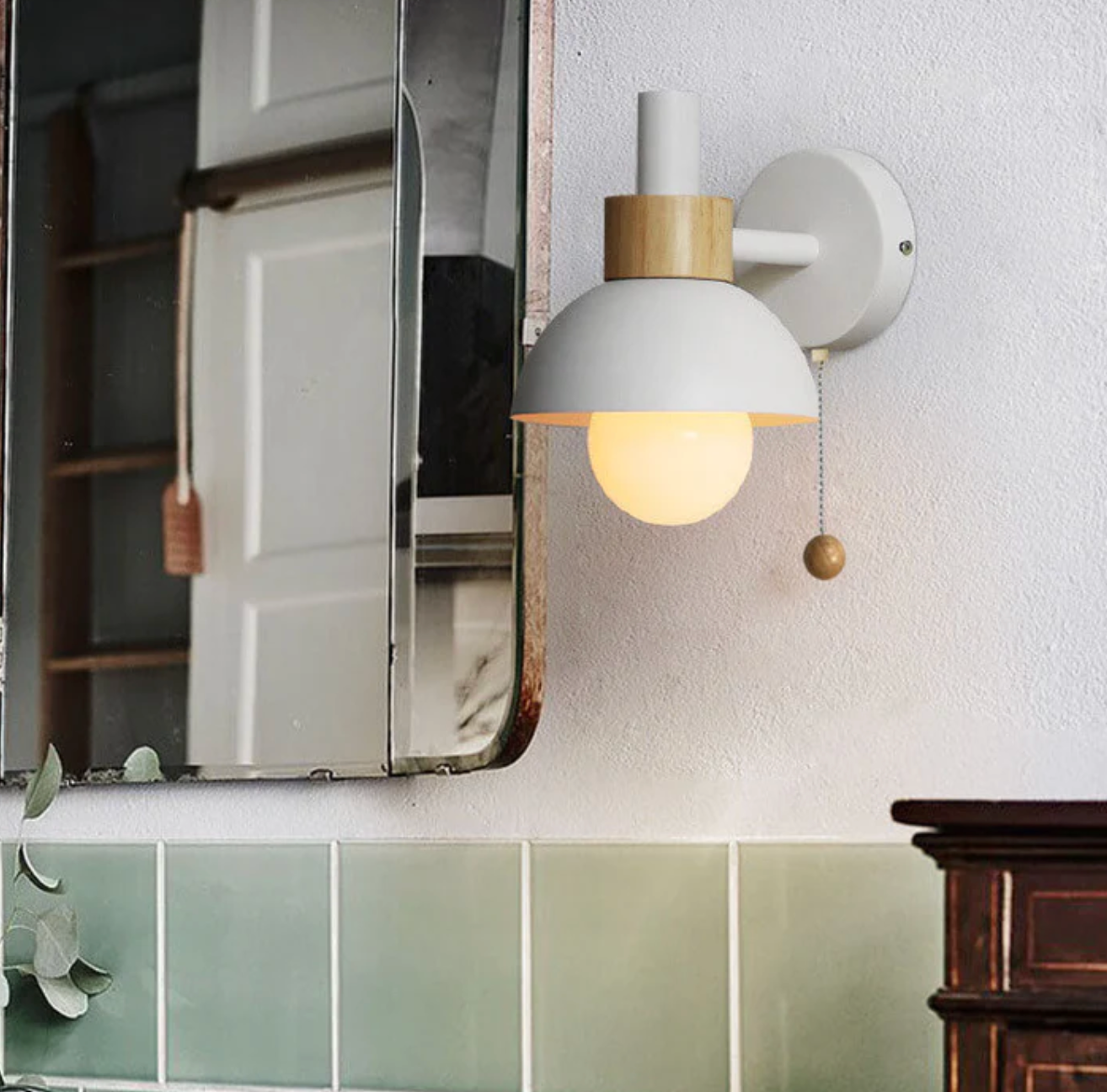 Modern Wooden Sconce Wall Light with Pull Chain Accent