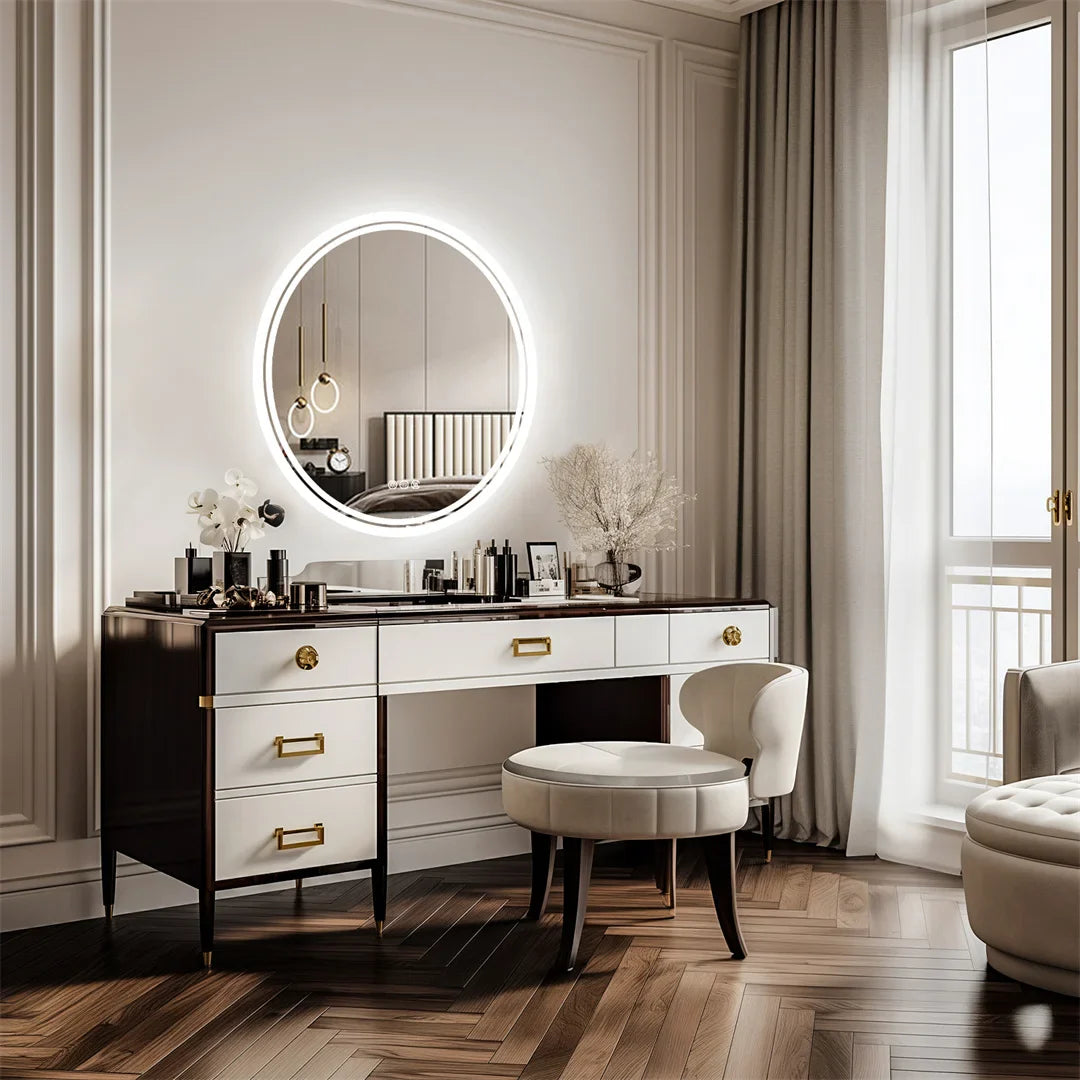 Round LED Bathroom Mirror with Anti-Fog and Dimmable Touch Control