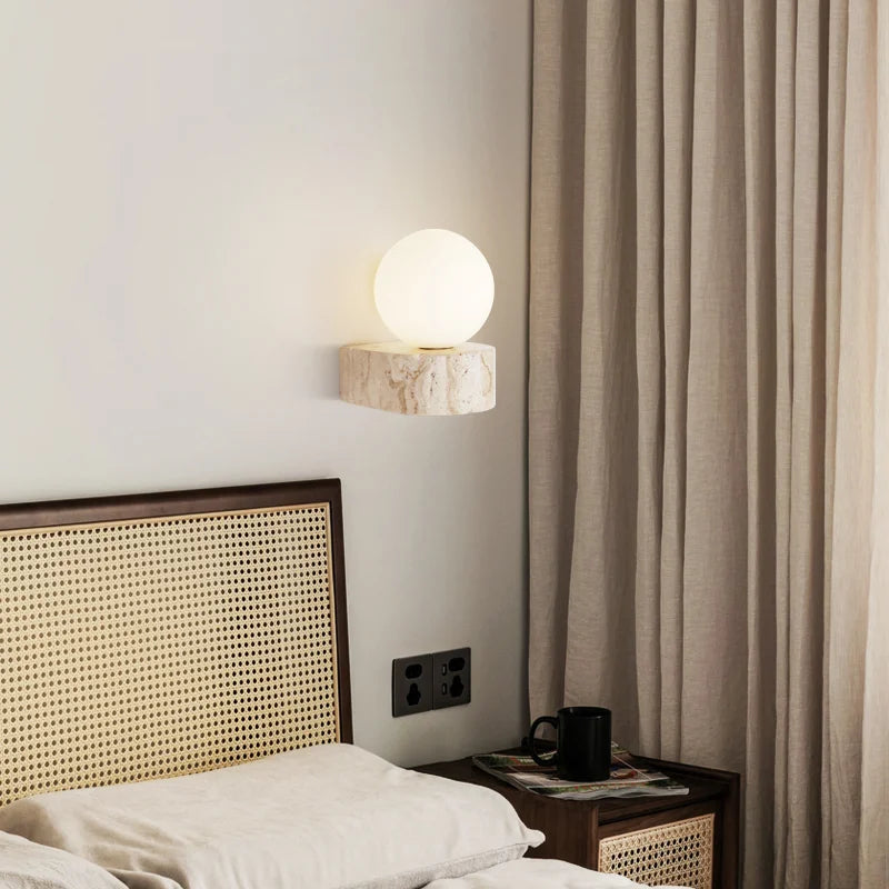LED Wall Sconce in Modern Japanese Design with Travertine Stone