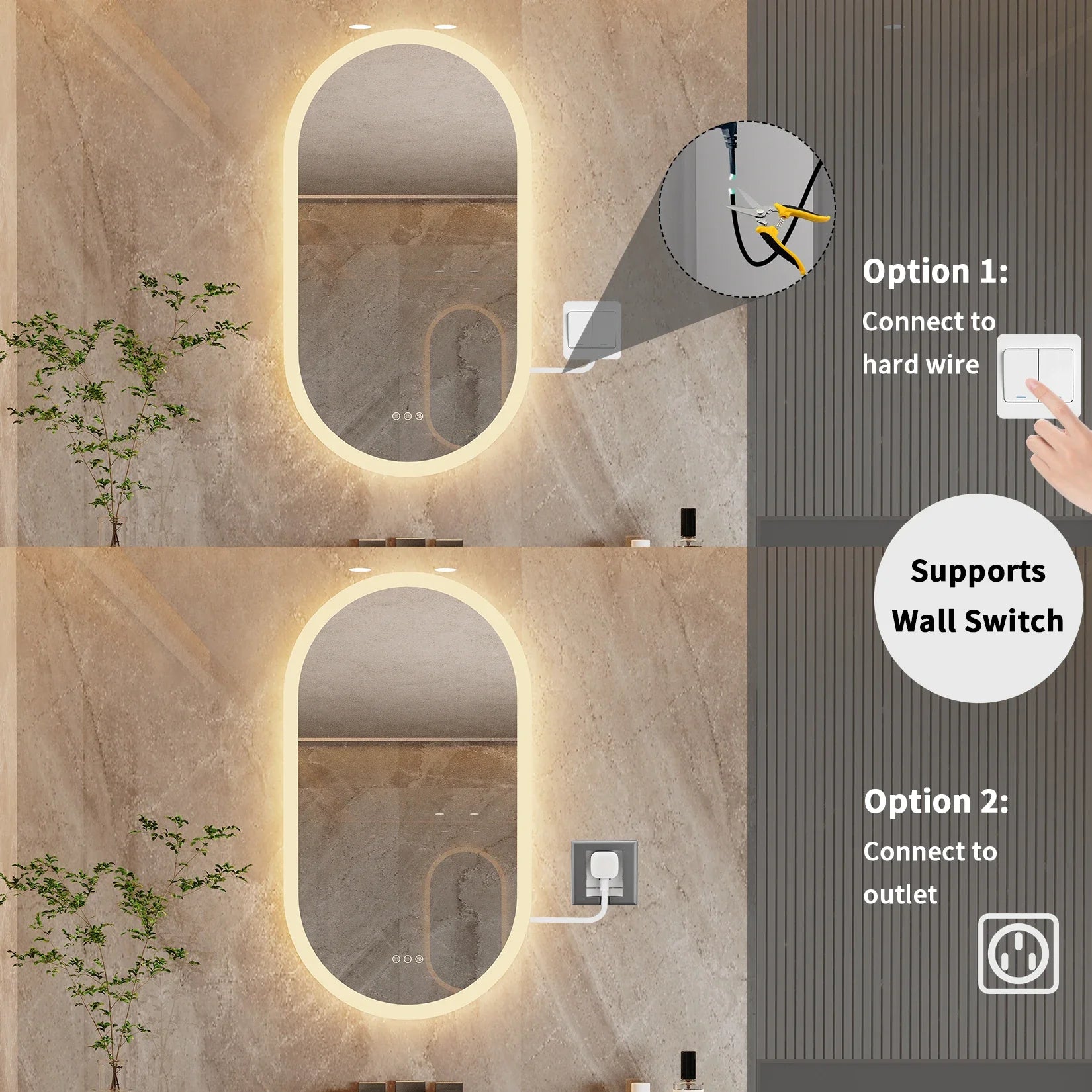 Oval LED Bathroom Mirror with Anti-Fog and Dimmable Backlight