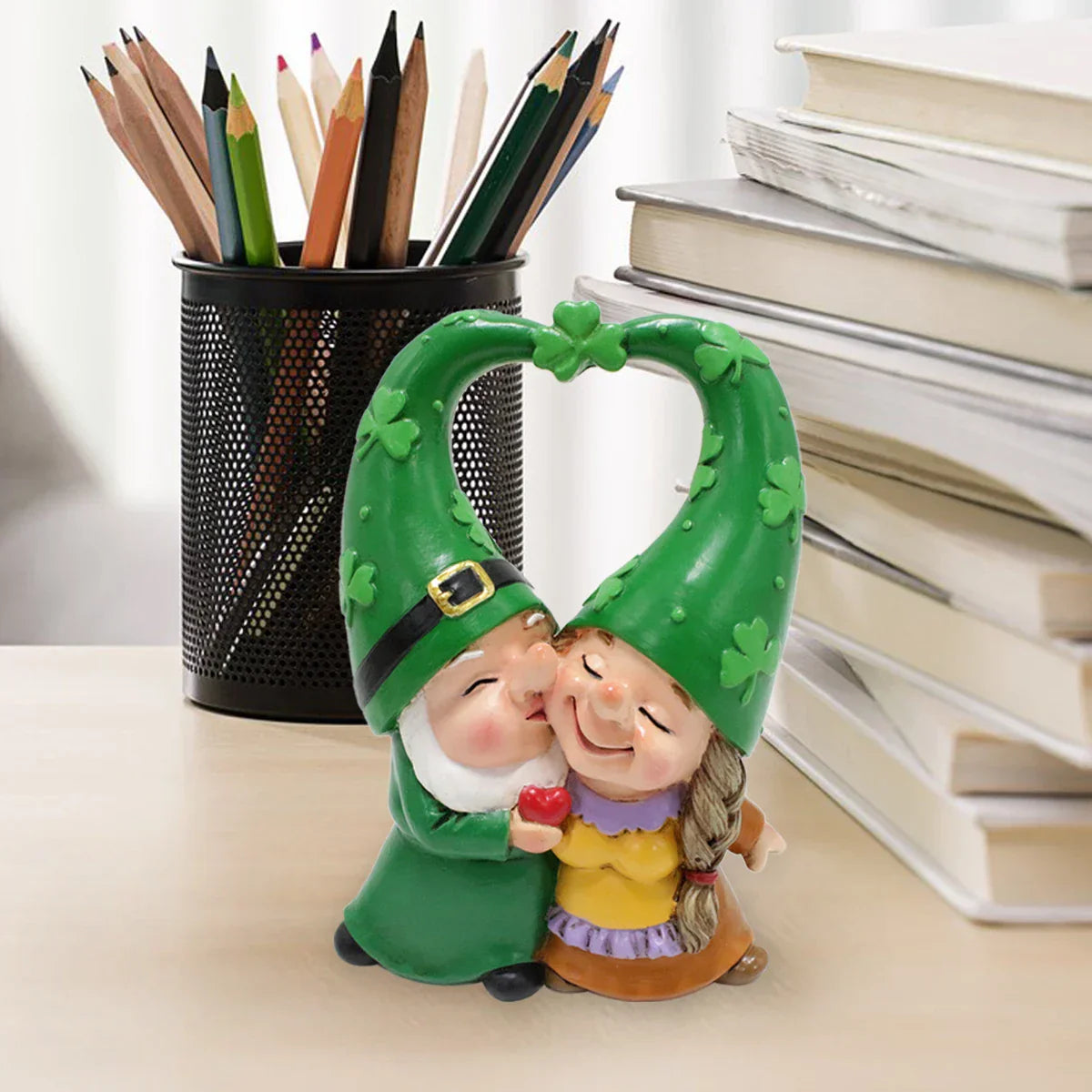 Couple Figurine of Garden Gnomes Wearing Heart and Clover Hats