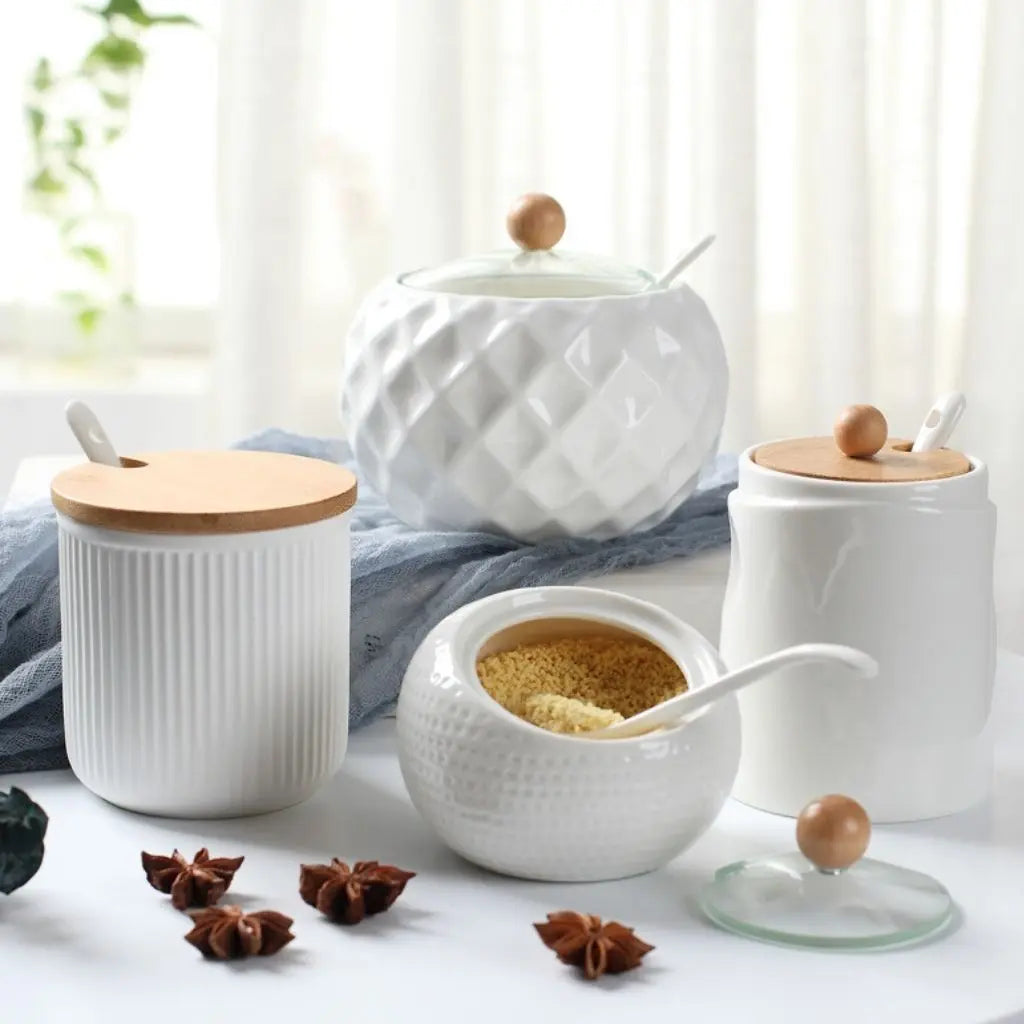 Elegant Ceramic Spice Container with Eco-Friendly Lid & Spoon