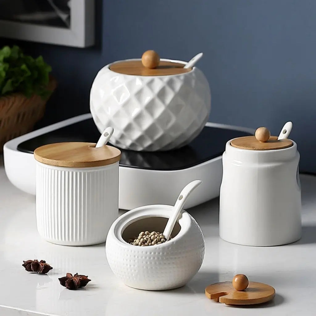 Elegant Ceramic Spice Container with Eco-Friendly Lid & Spoon