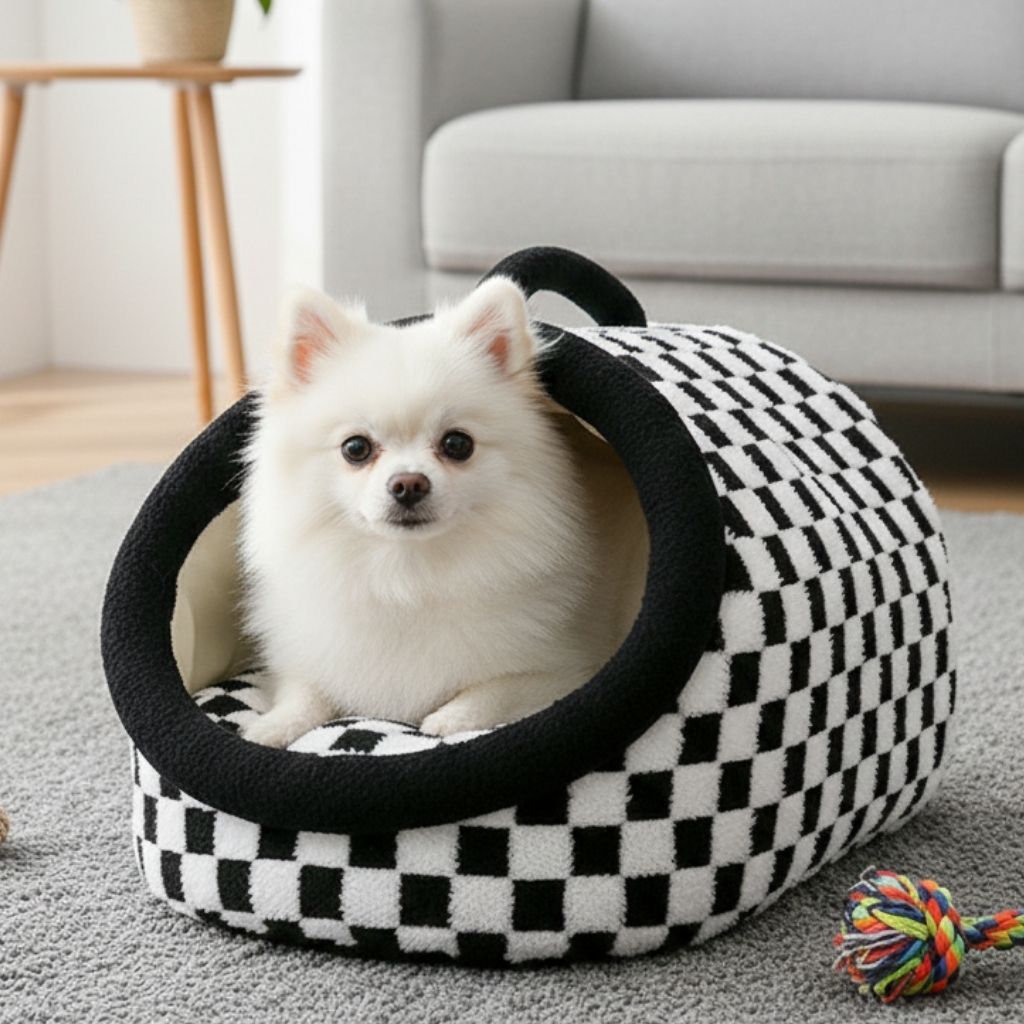 CozyNest Checkered Enclosed Pet Bed for All Seasons