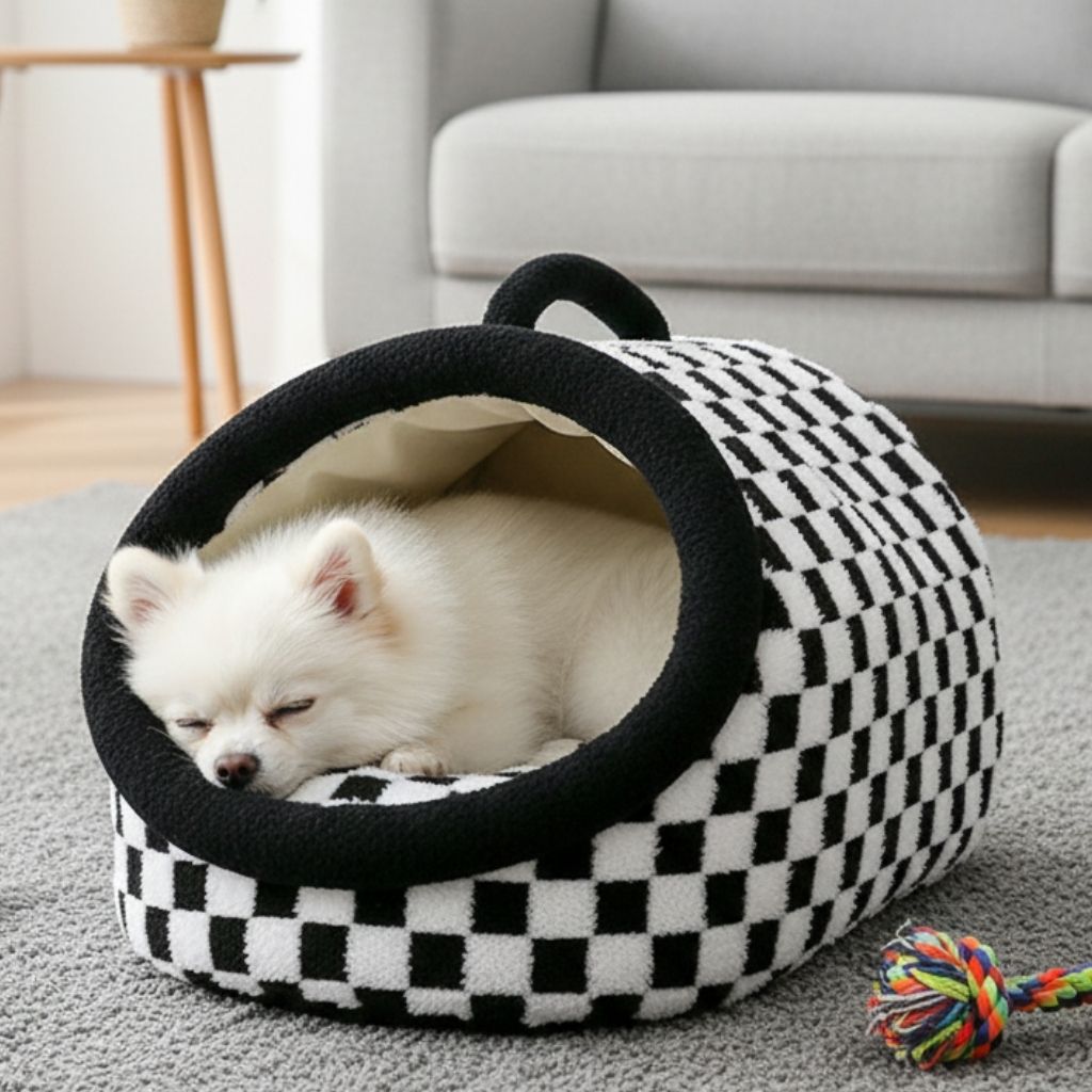 CozyNest Checkered Enclosed Pet Bed for All Seasons