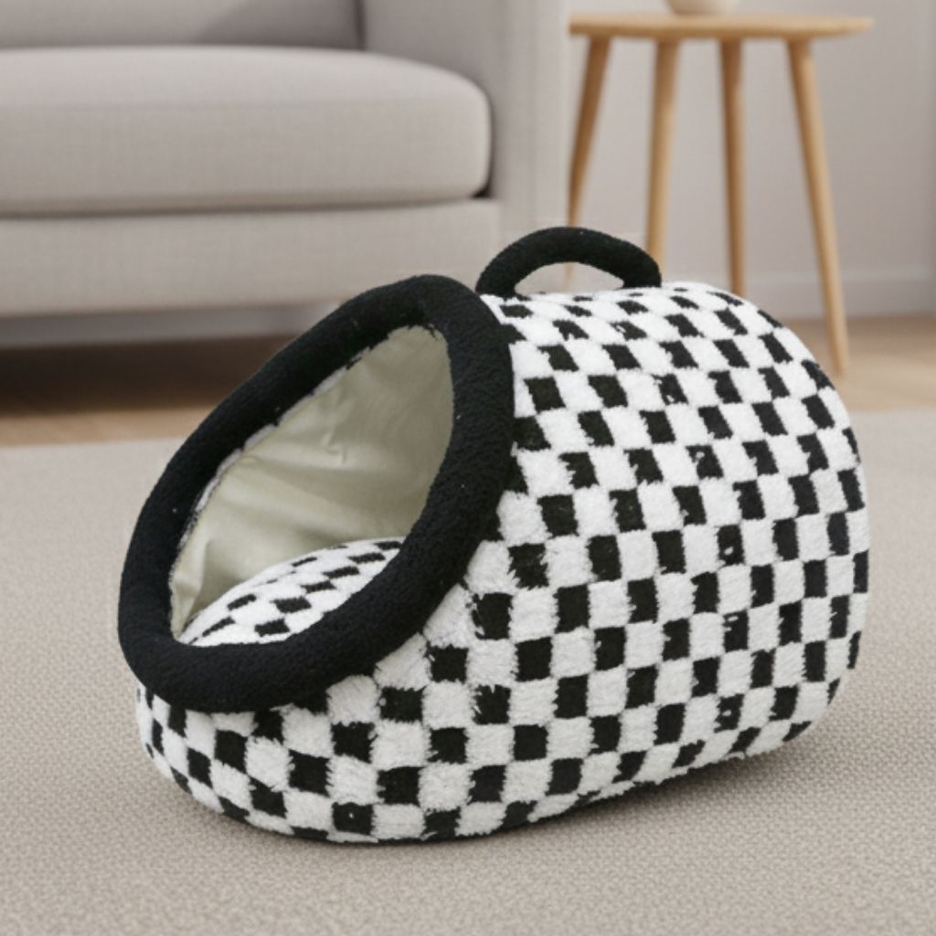 CozyNest Checkered Enclosed Pet Bed for All Seasons