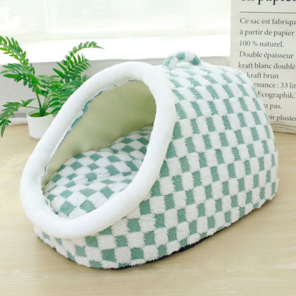 CozyNest Checkered Enclosed Pet Bed for All Seasons