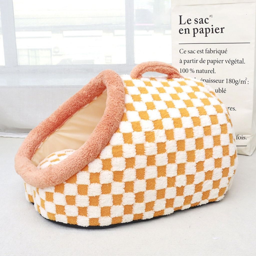 CozyNest Checkered Enclosed Pet Bed for All Seasons