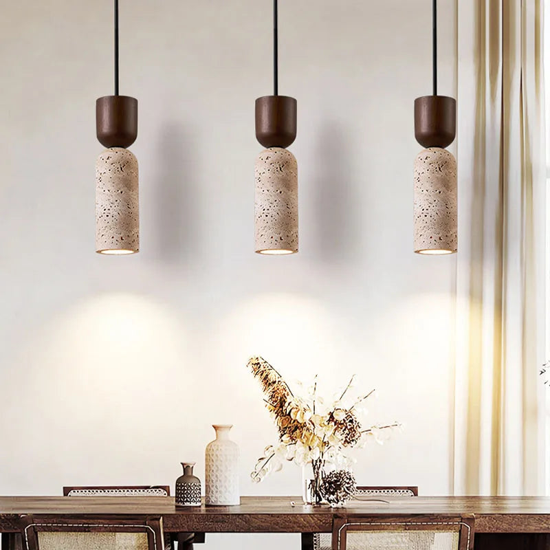 Minimalist Bedside Pendant Light in Travertine and Wood Design