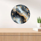 Silent Wooden Wall Clock in Blue and Gold Marble Finish