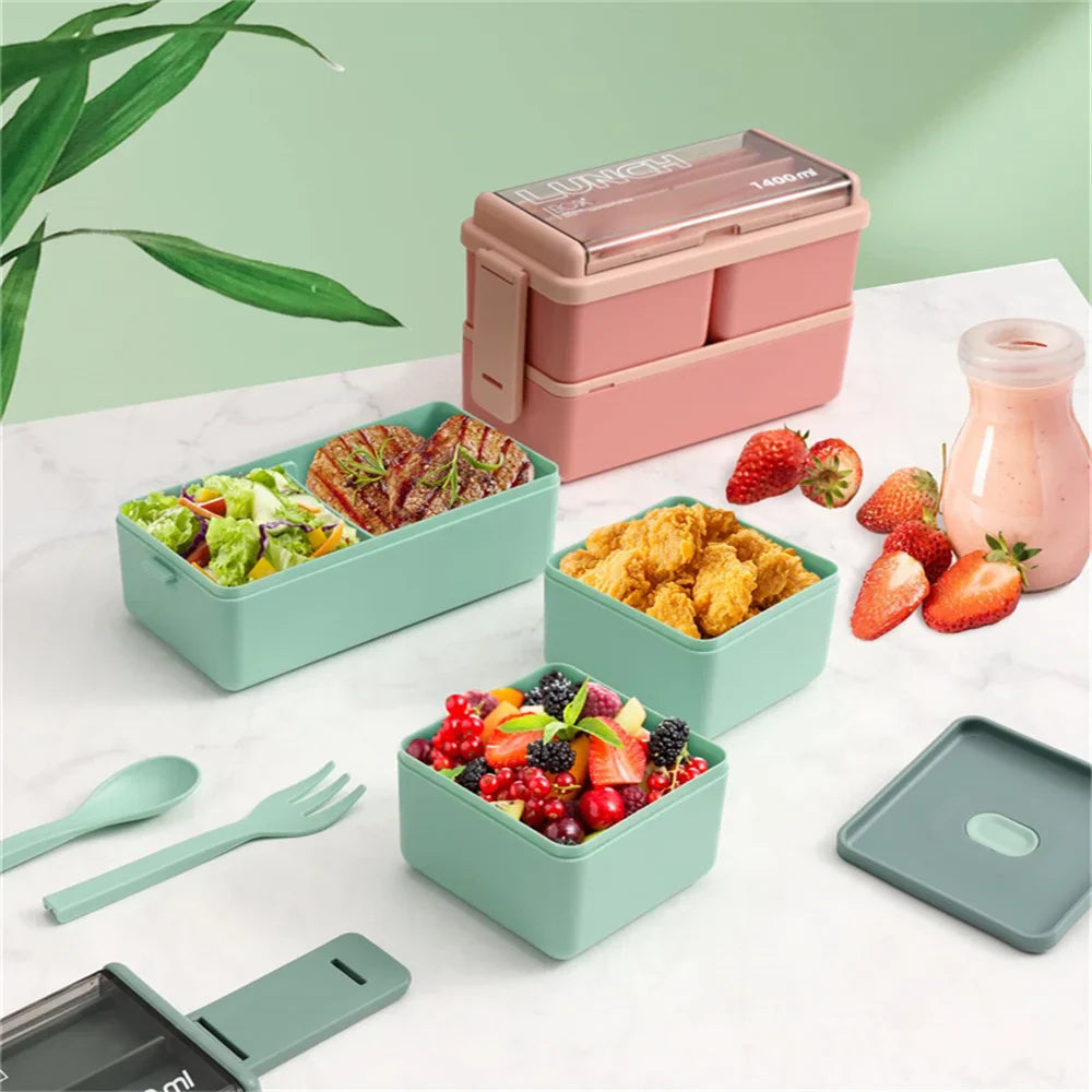 Double Layer Lunch Box 1400ml | Portable Food Container with Cutlery – Microwave Safe for Kids and Adults
