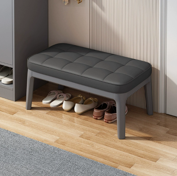 Entryway Shoe Storage Bench with Upholstered Grid and Solid Wood Frame