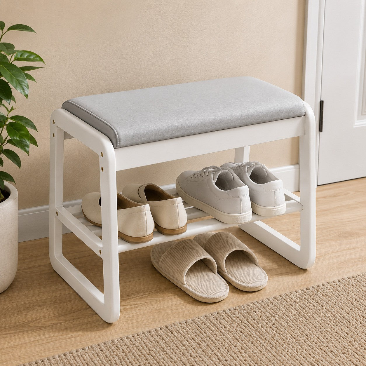 Compact 1-Tier Shoe Organizer in Solid Wood and Fabric for Entryway