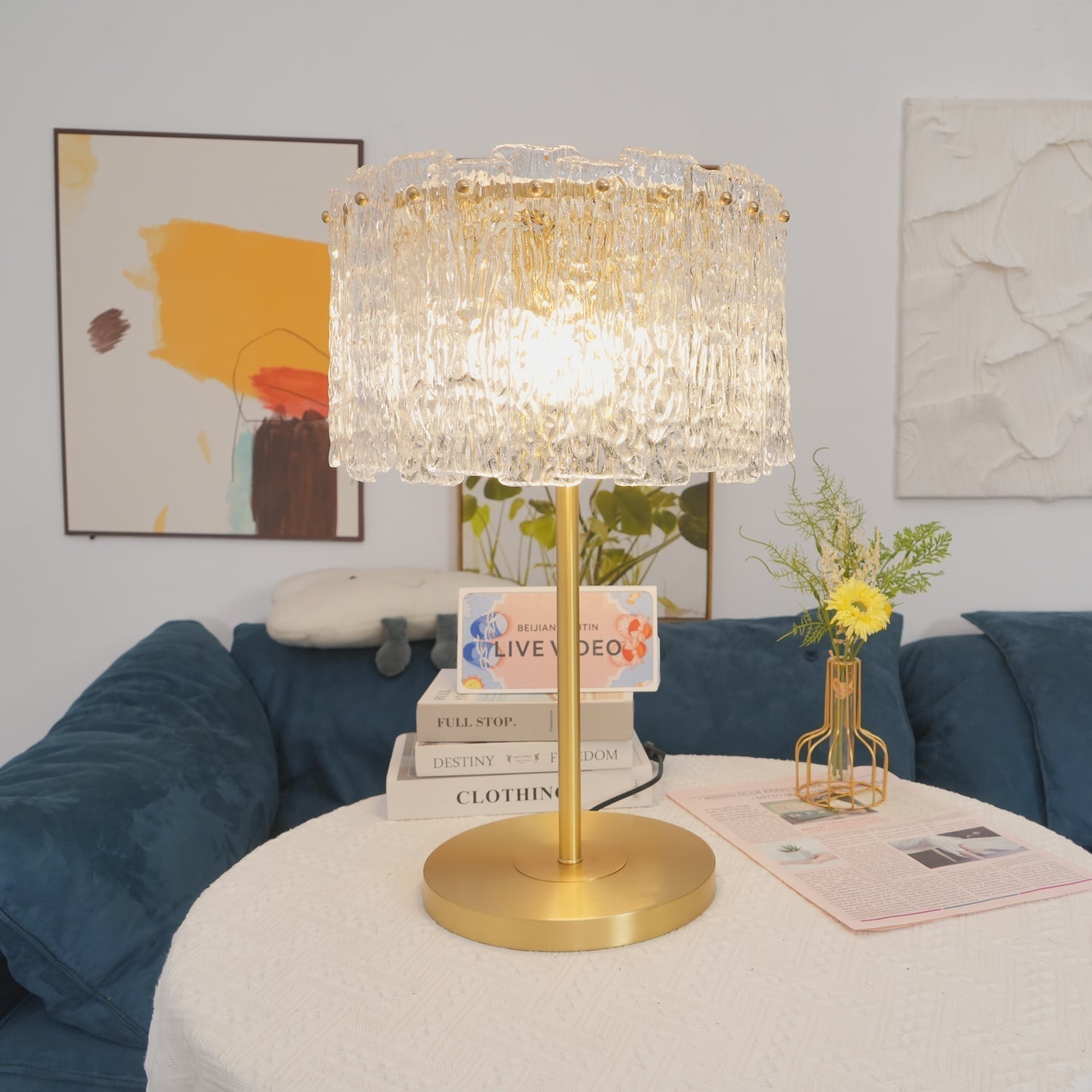 Round Base Table Lamp with Metal Stem and Crystal Shade