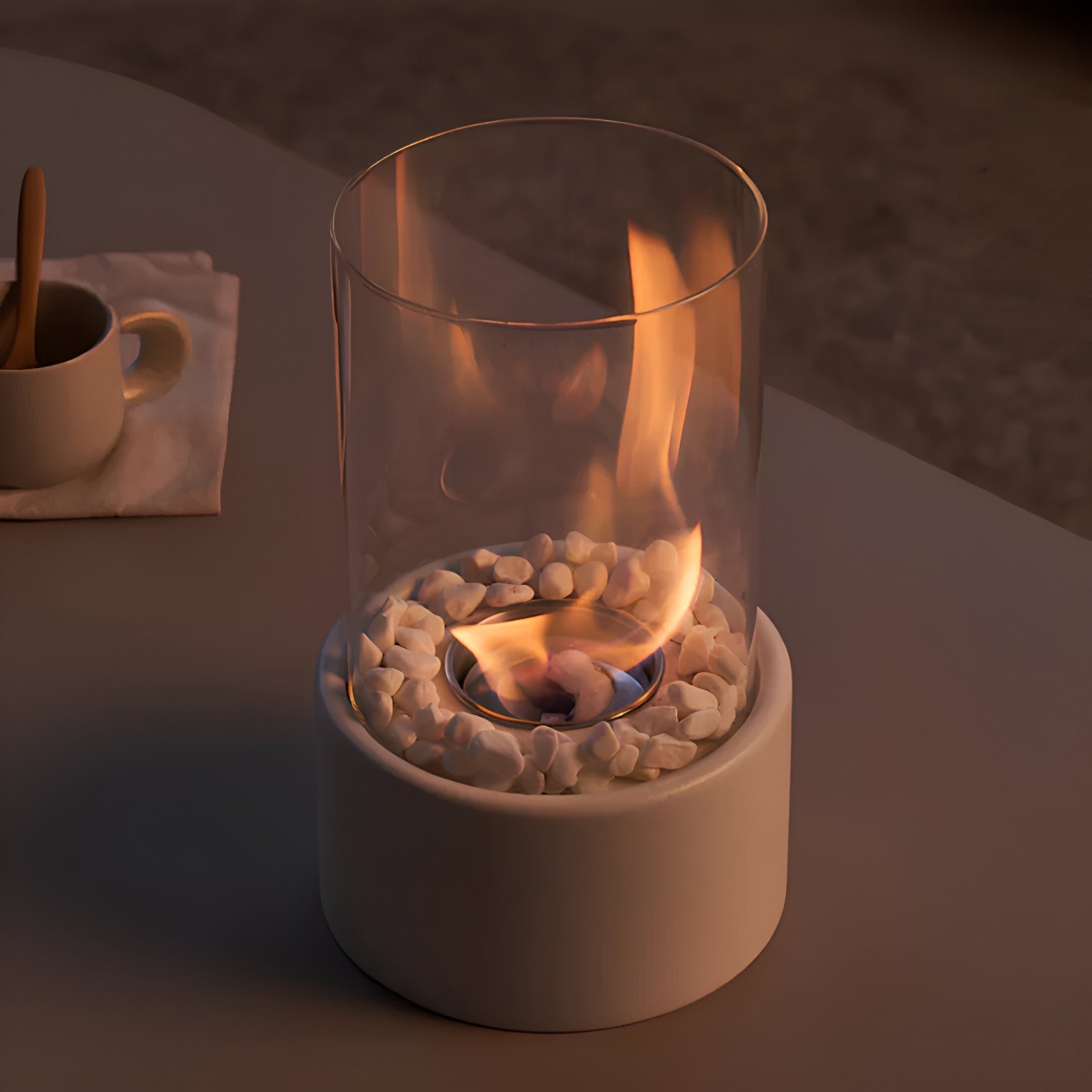 Cylindrical Tabletop Bio Ethanol Fireplace for Outdoor Use with Glass Tube