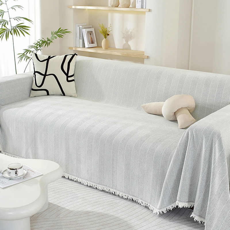 Elegant Living Room Sofa Protector with Chenille Herringbone and Tassels