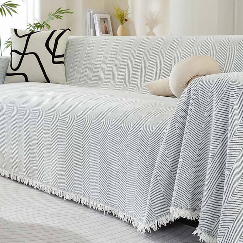 Elegant Living Room Sofa Protector with Chenille Herringbone and Tassels